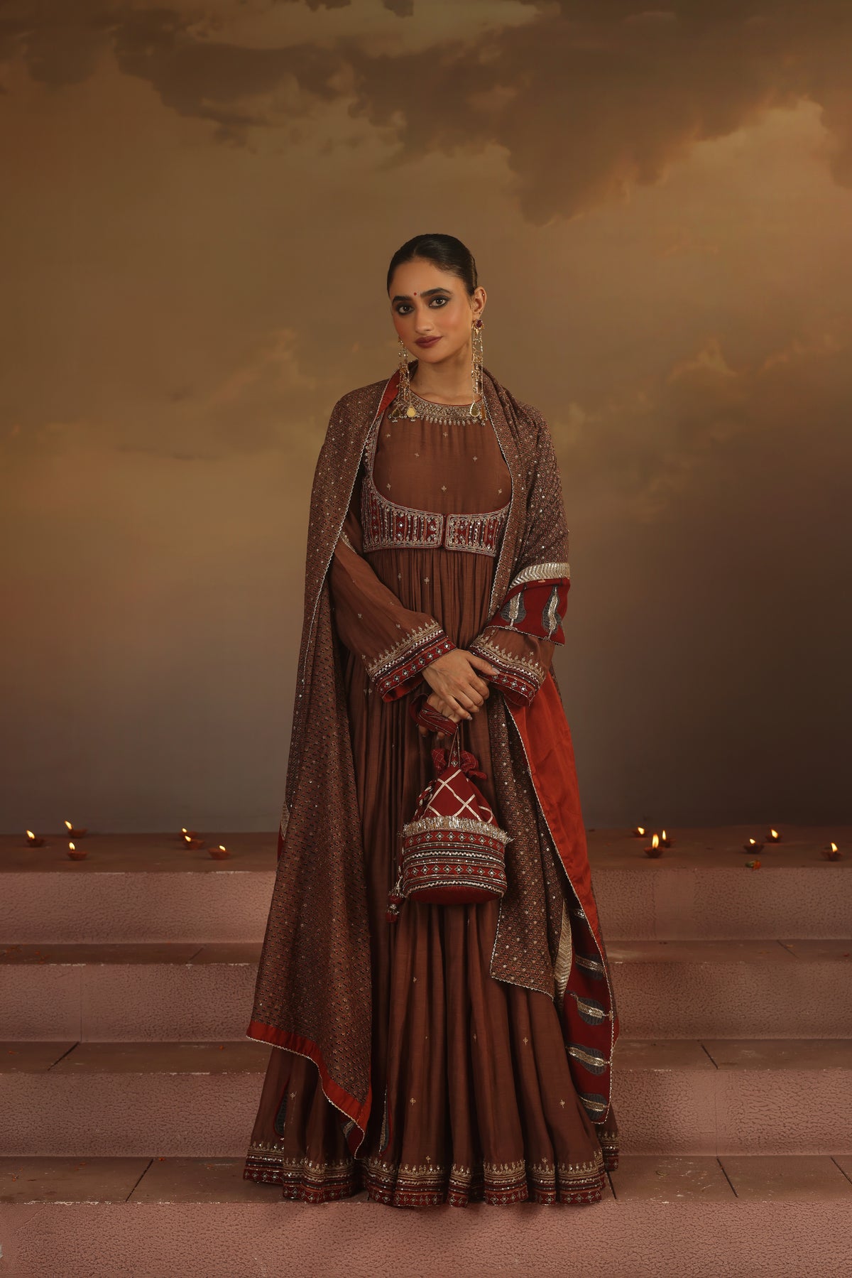 Kripa Taupe Ajrakh Red Koti Anarkali Set
