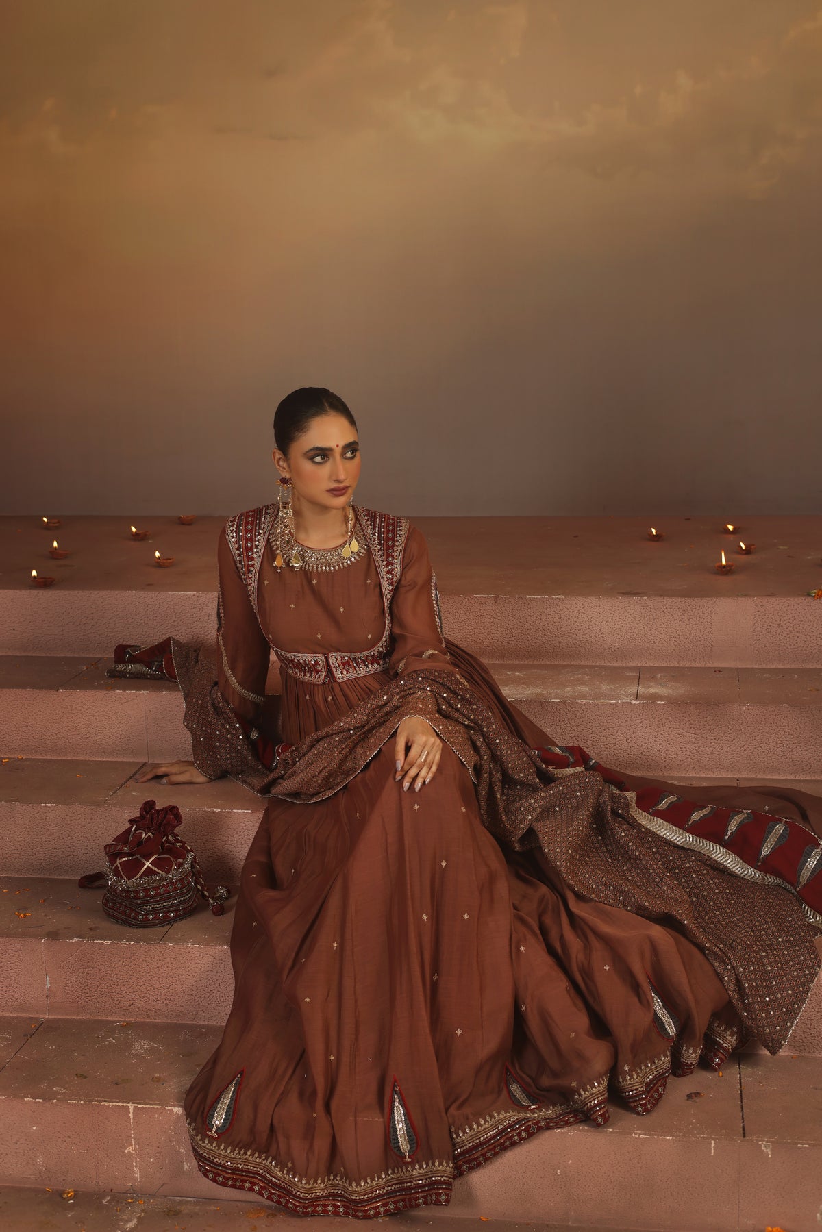 Kripa Taupe Ajrakh Red Koti Anarkali Set