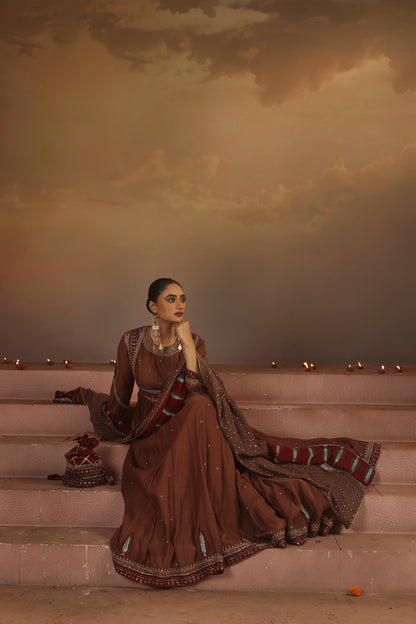Kripa Taupe Ajrakh Red Koti Anarkali Set
