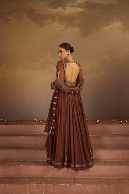 Kripa Taupe Ajrakh Red Koti Anarkali Set