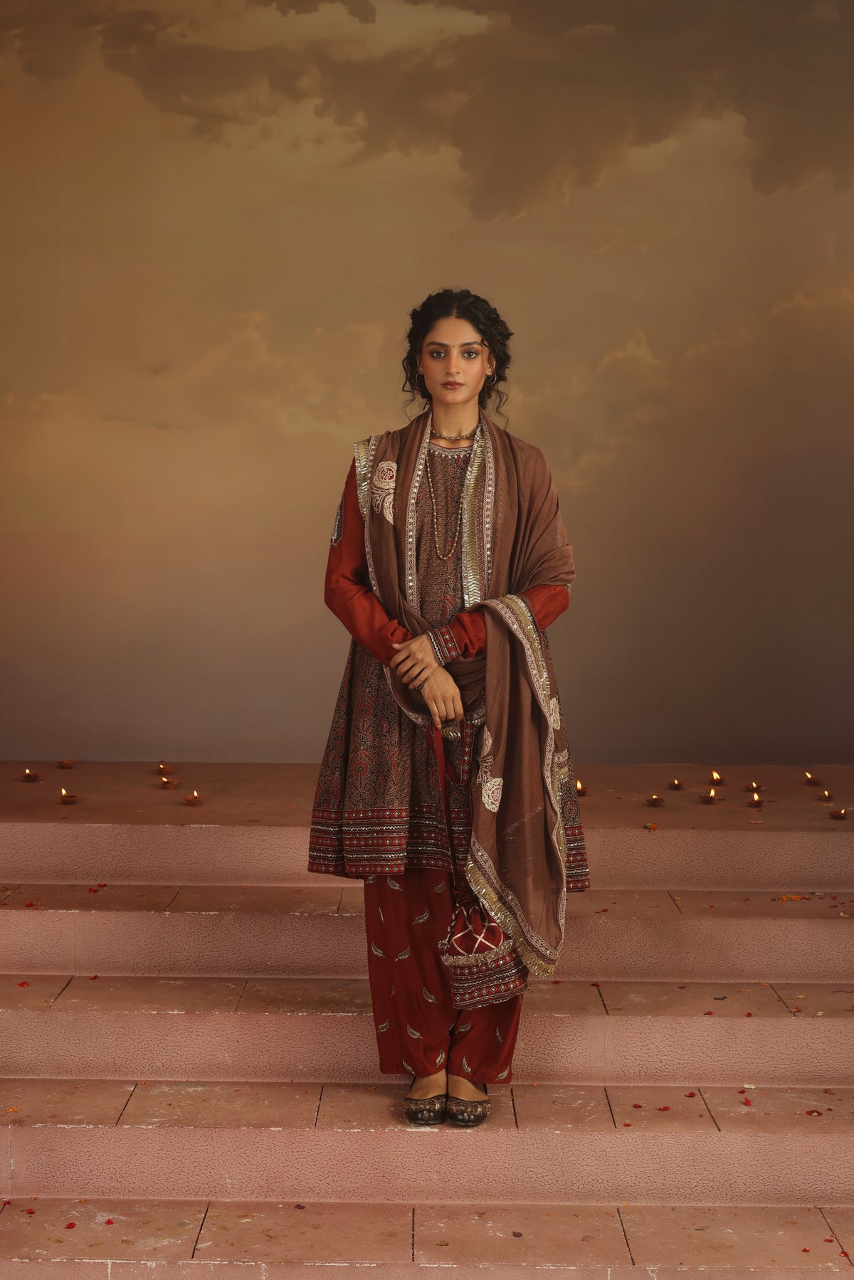 Kripa Red and Taupe A-Line Kalidar Set