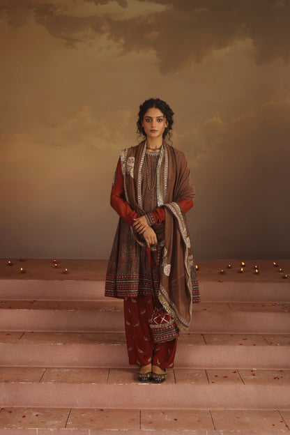 Kripa Red and Taupe A-Line Kalidar Set