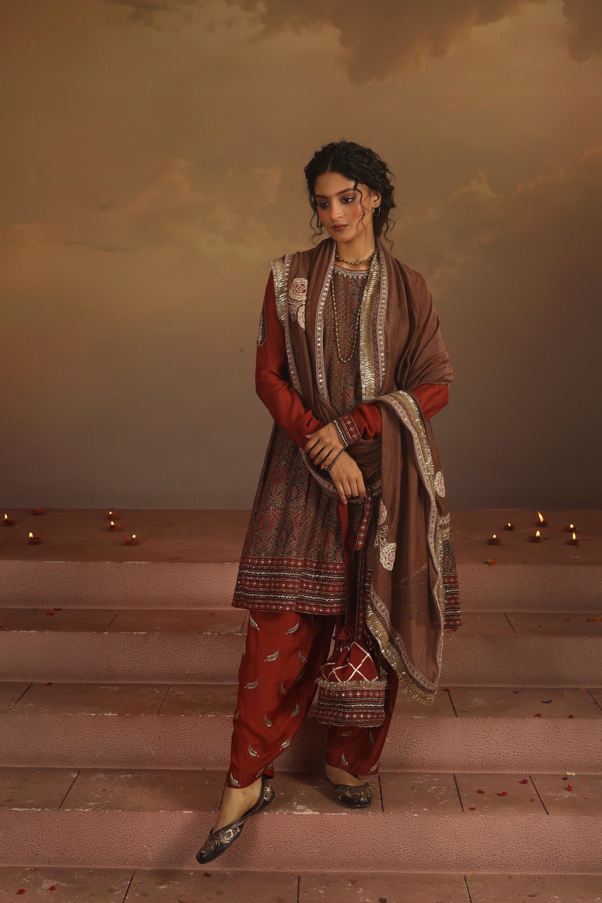 Kripa Red and Taupe A-Line Kalidar Set