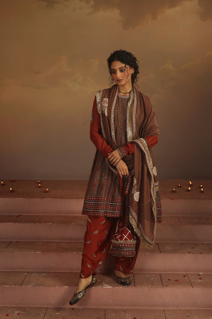 Kripa Red and Taupe A-Line Kalidar Set