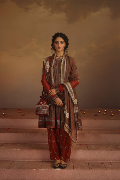 Kripa Red and Taupe A-Line Kalidar Set