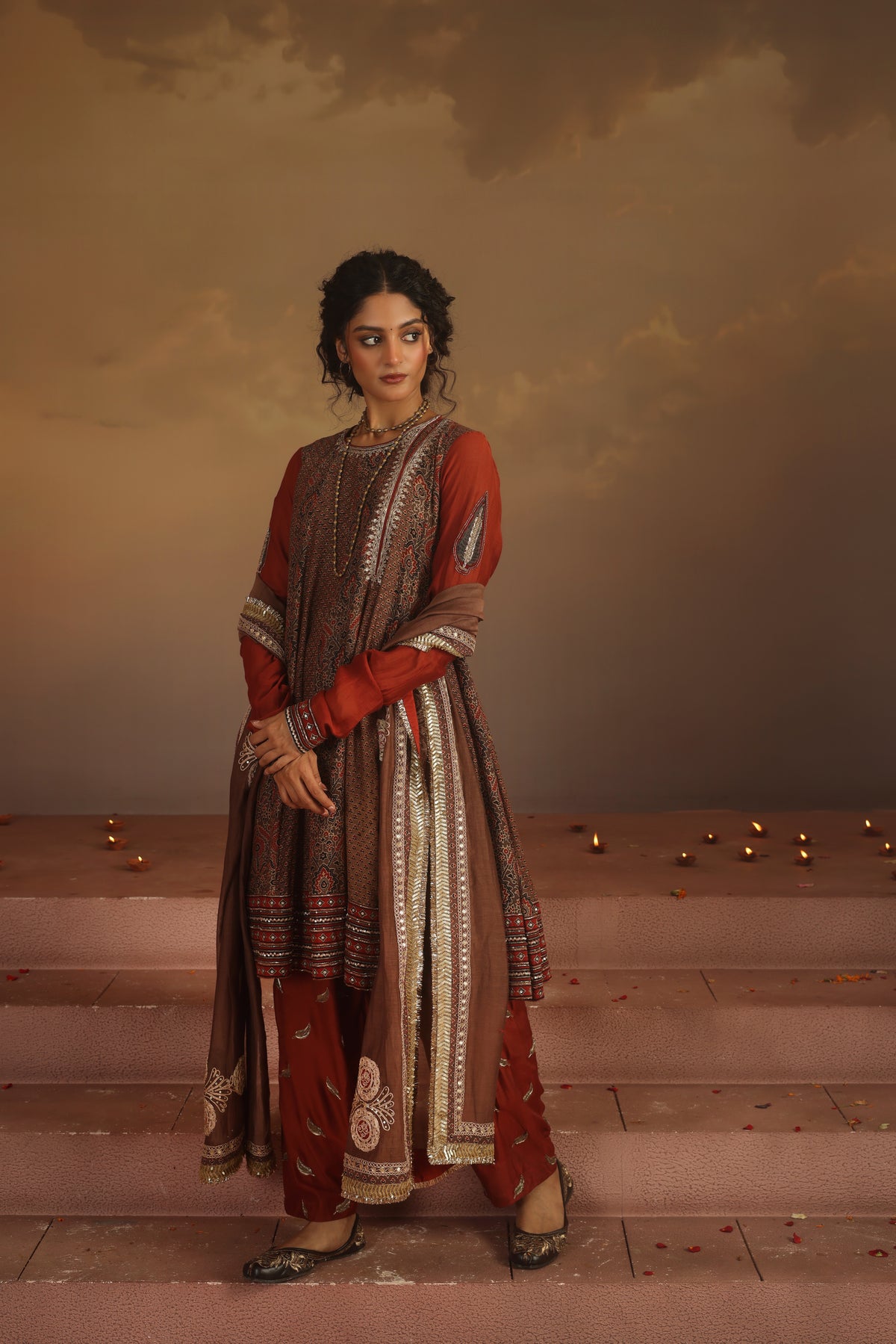 Kripa Red and Taupe A-Line Kalidar Set