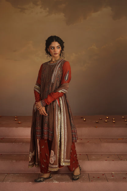 Kripa Red and Taupe A-Line Kalidar Set