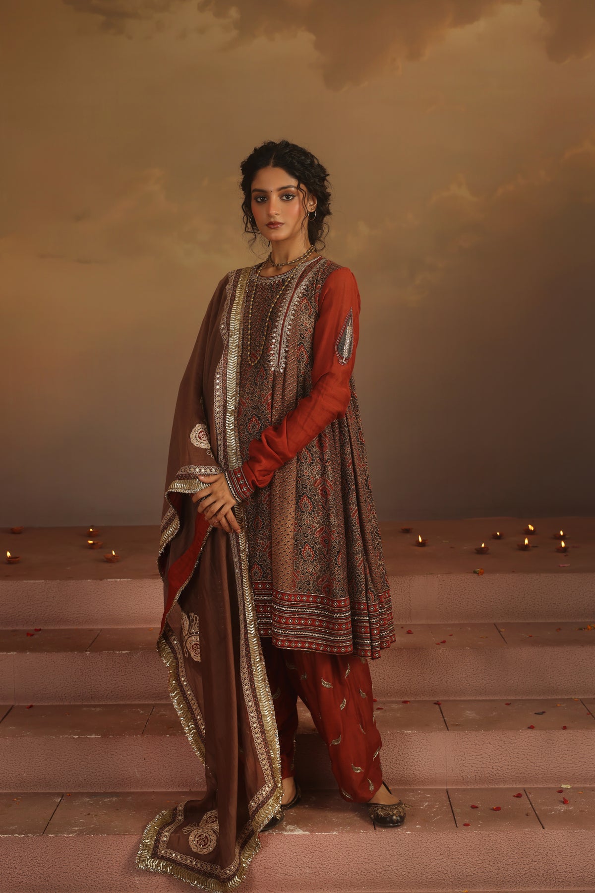Kripa Red and Taupe A-Line Kalidar Set