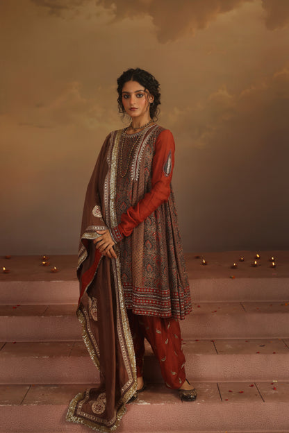 Kripa Red and Taupe A-Line Kalidar Set