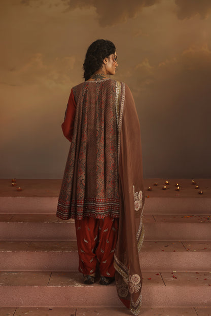 Kripa Red and Taupe A-Line Kalidar Set