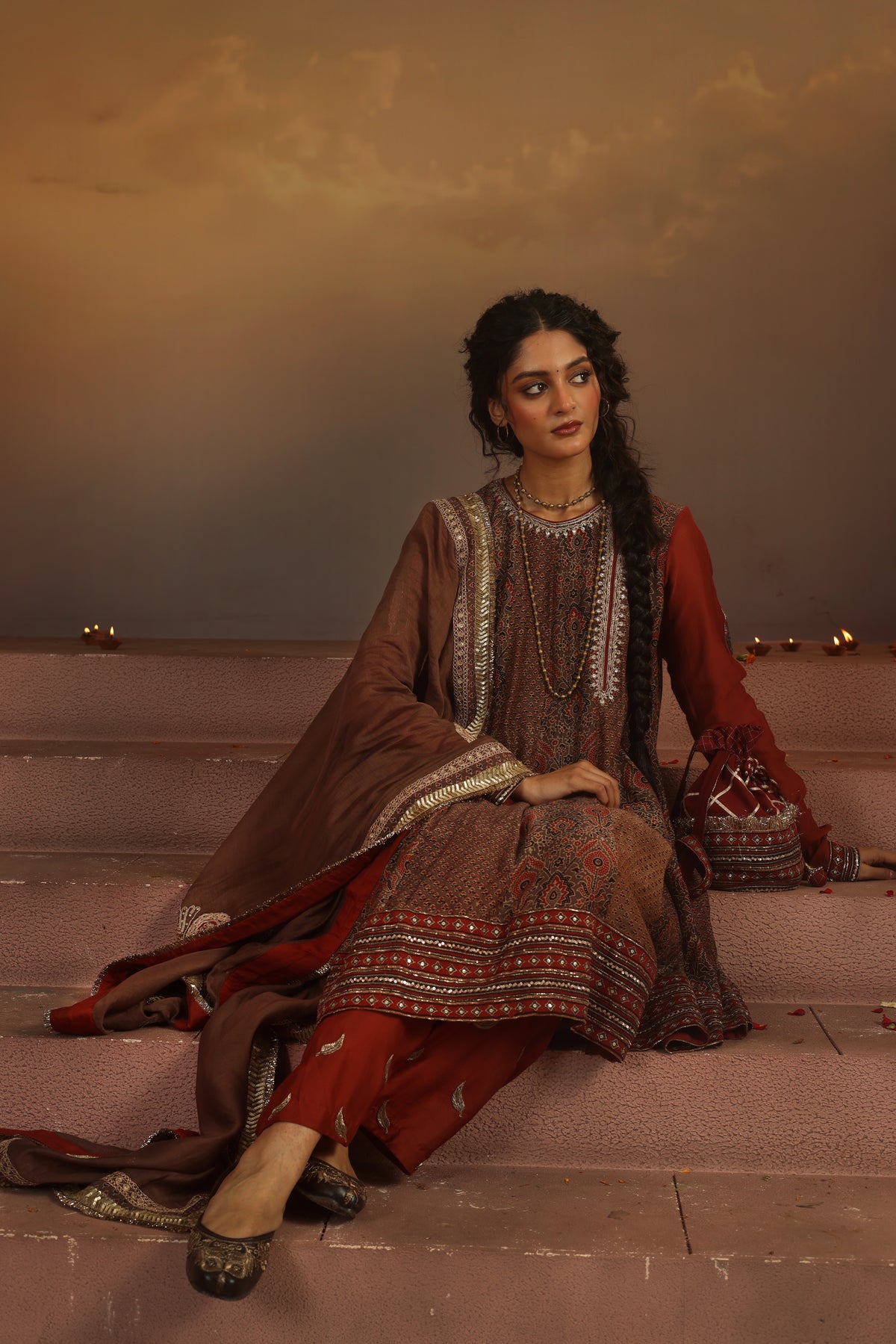 Kripa Red and Taupe A-Line Kalidar Set