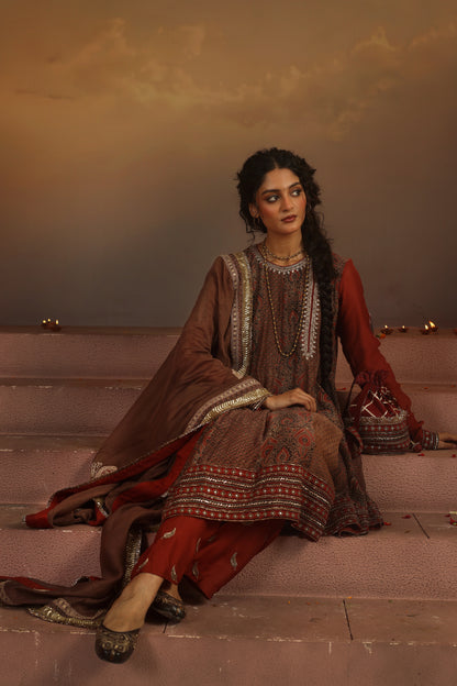 Kripa Red and Taupe A-Line Kalidar Set