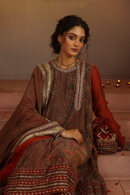 Kripa Red and Taupe A-Line Kalidar Set