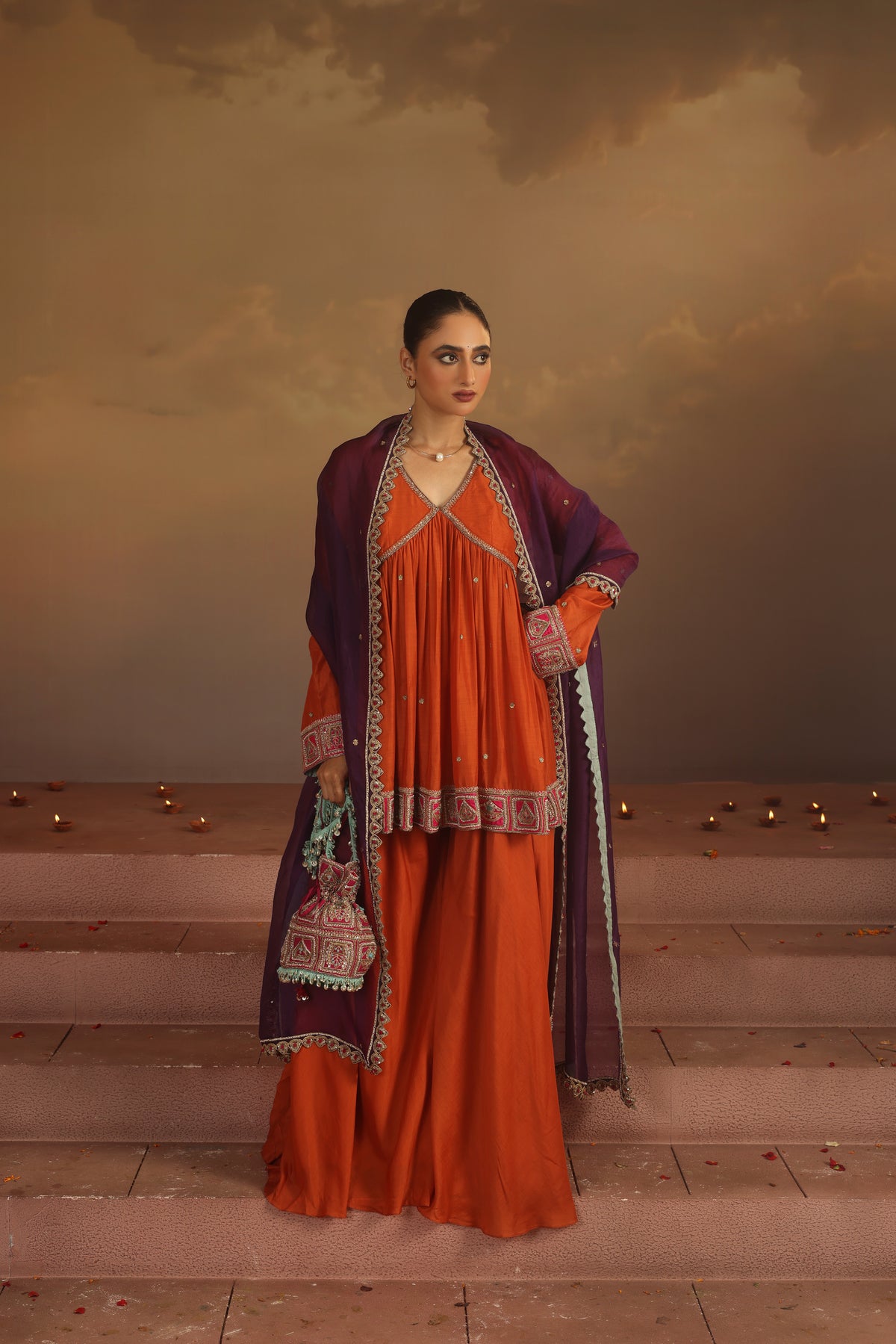 Kripa Apricot Cross Border V-Neck Embroidered Sharara Set