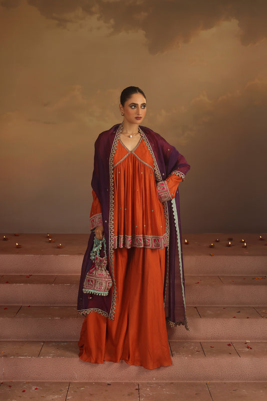 Kripa Apricot Cross Border V-Neck Embroidered Sharara Set