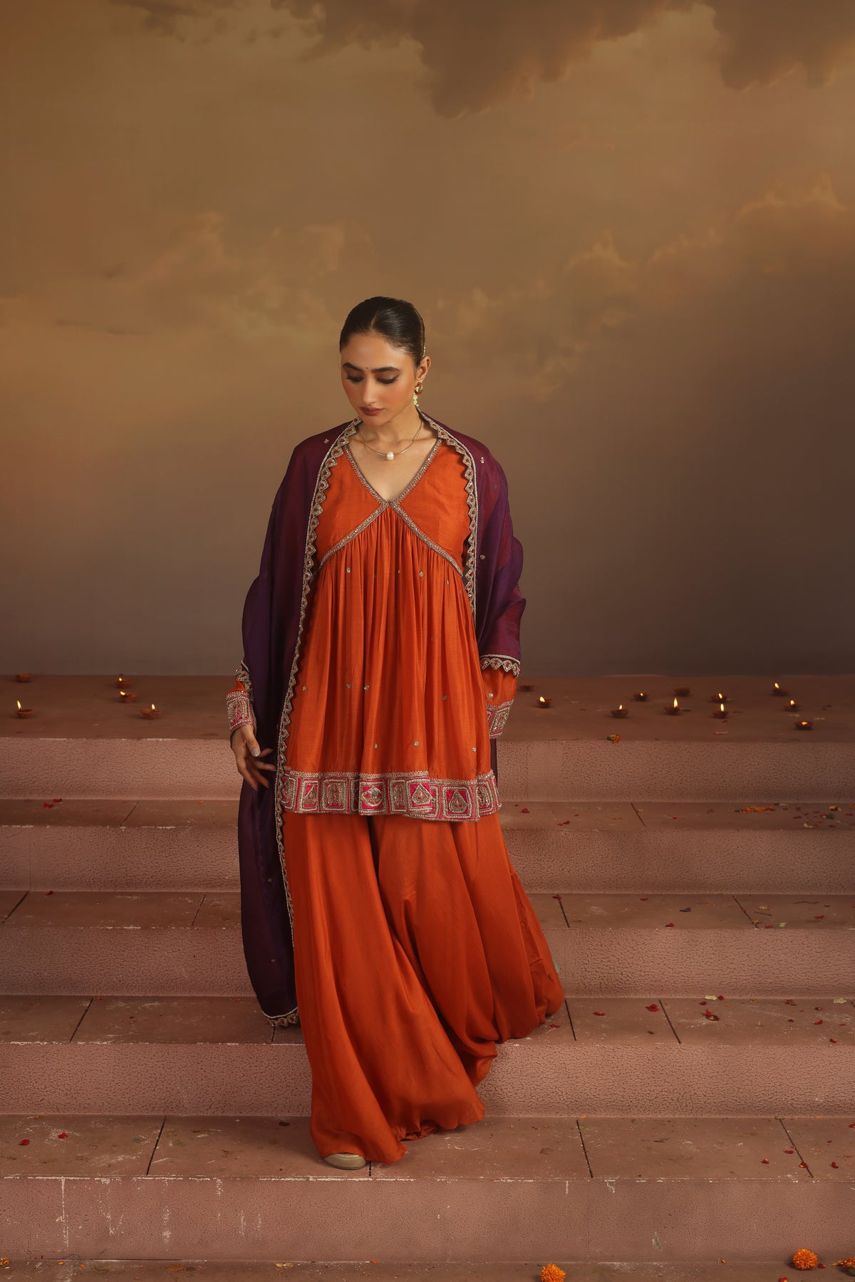Kripa Apricot Cross Border V-Neck Embroidered Sharara Set