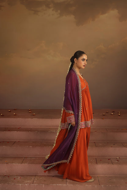 Kripa Apricot Cross Border V-Neck Embroidered Sharara Set