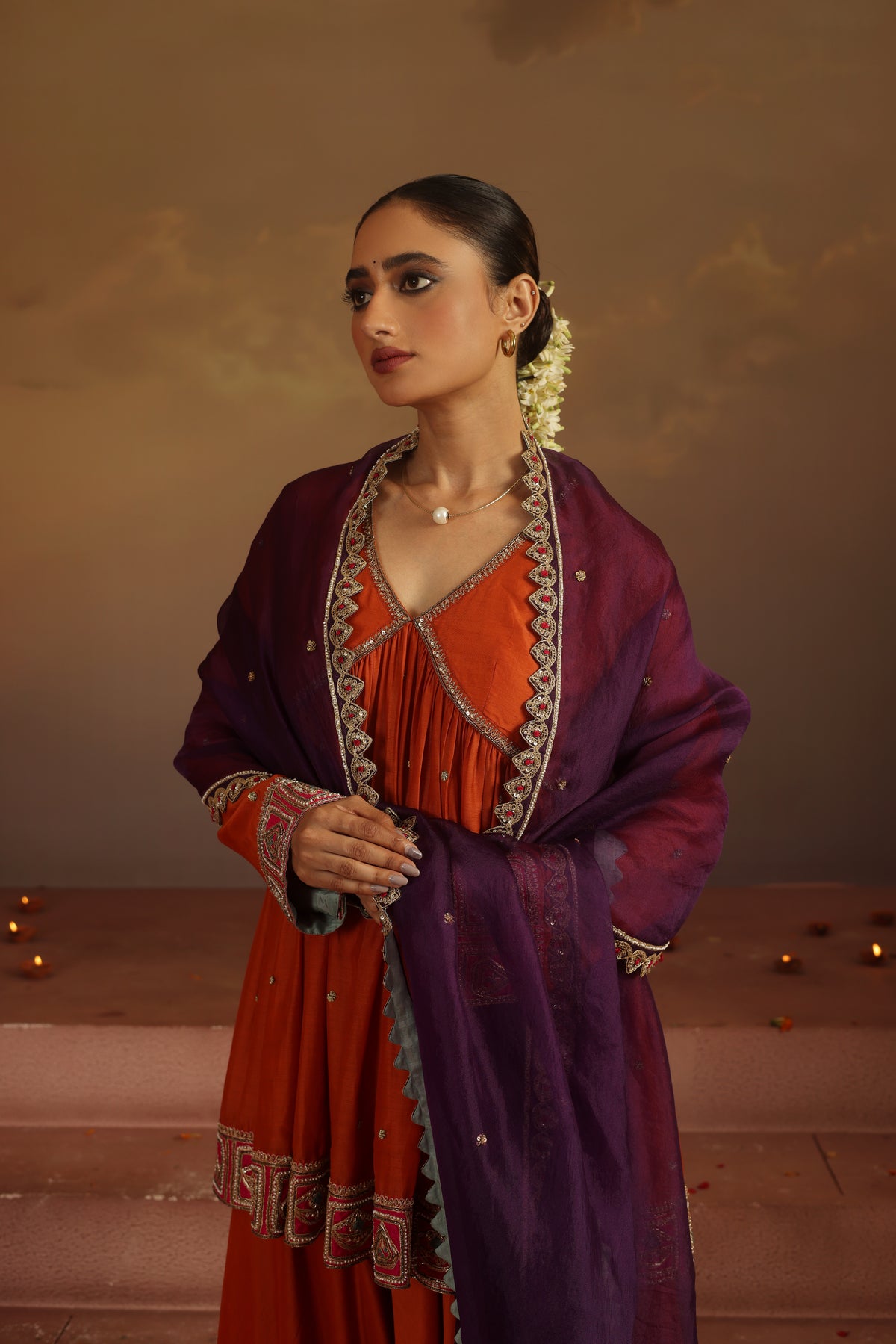 Kripa Apricot Cross Border V-Neck Embroidered Sharara Set