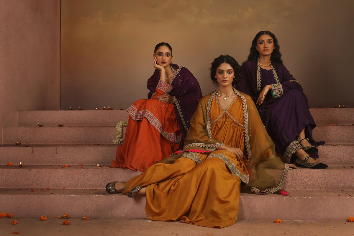 Kripa Apricot Cross Border V-Neck Embroidered Sharara Set
