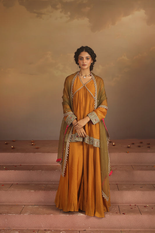 Kripa Mustard Cross Border V-Neck Embroidered Sharara Set