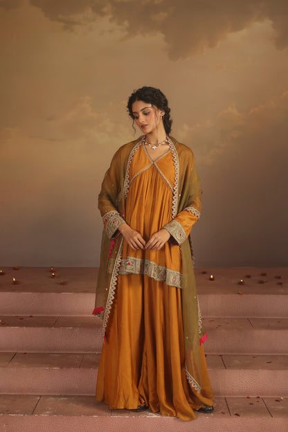 Kripa Mustard Cross Border V-Neck Embroidered Sharara Set
