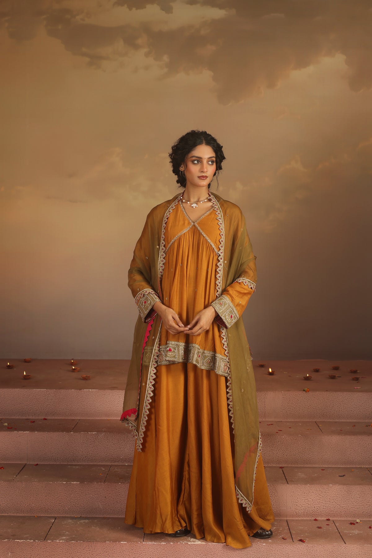 Kripa Mustard Cross Border V-Neck Embroidered Sharara Set