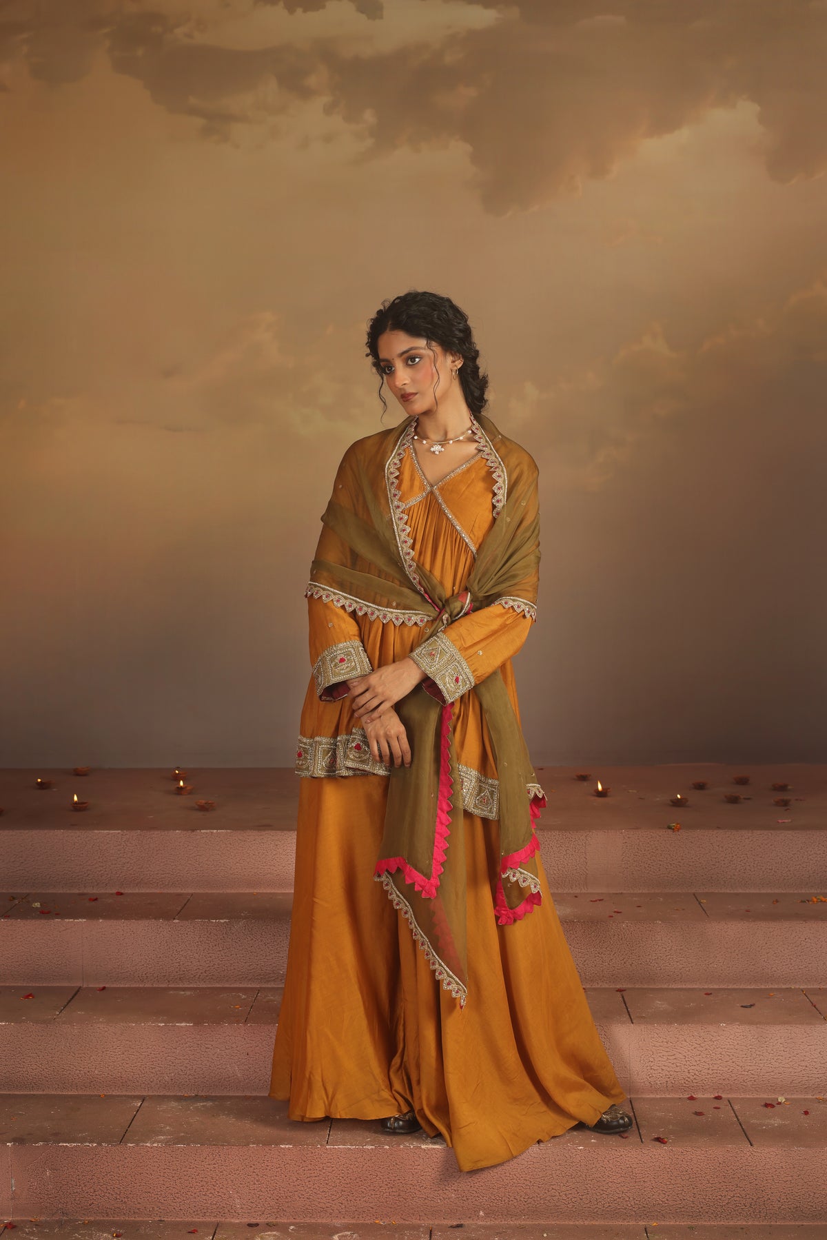 Kripa Mustard Cross Border V-Neck Embroidered Sharara Set