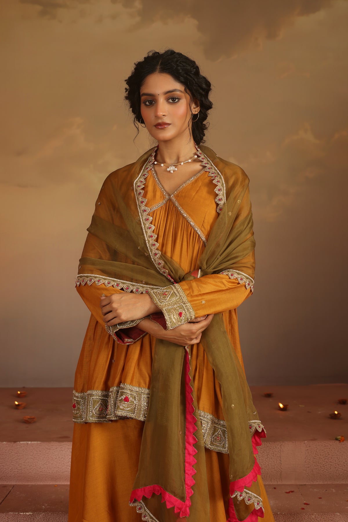 Kripa Mustard Cross Border V-Neck Embroidered Sharara Set