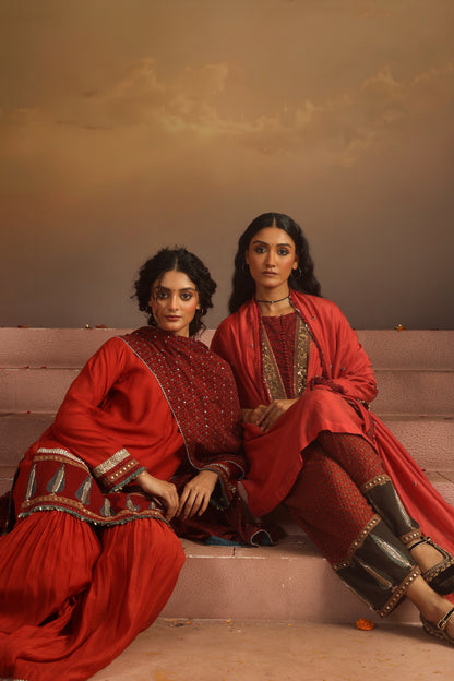 Kripa Red Ajrakh Gharara Set