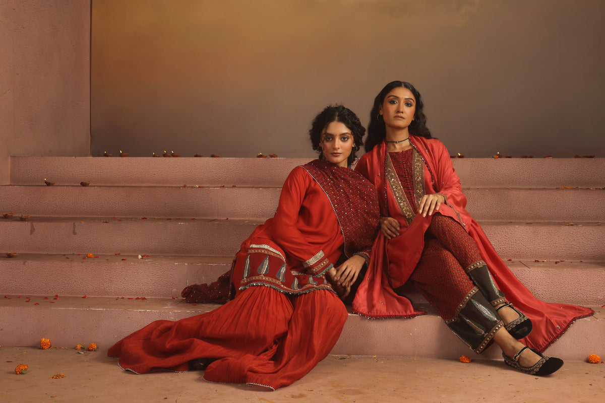 Kripa Red Ajrakh Gharara Set