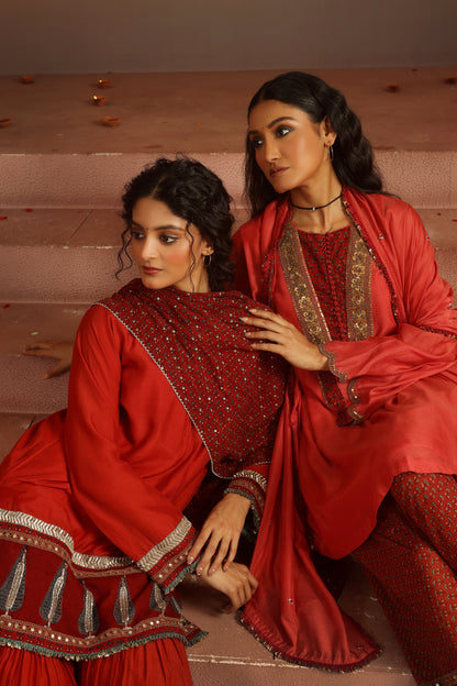Kripa Red Ajrakh Gharara Set