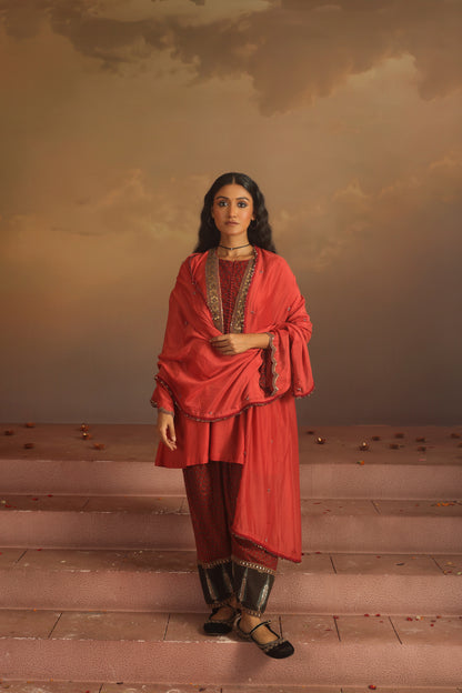 Kripa Red Coral Embroidered Yoke Kurta Set