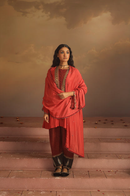Kripa Red Coral Embroidered Yoke Kurta Set