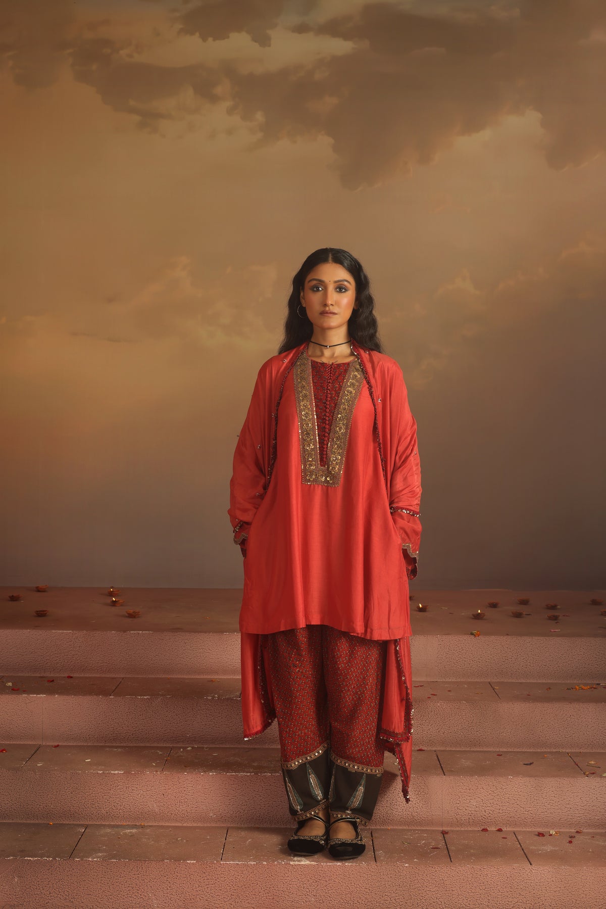 Kripa Red Coral Embroidered Yoke Kurta Set