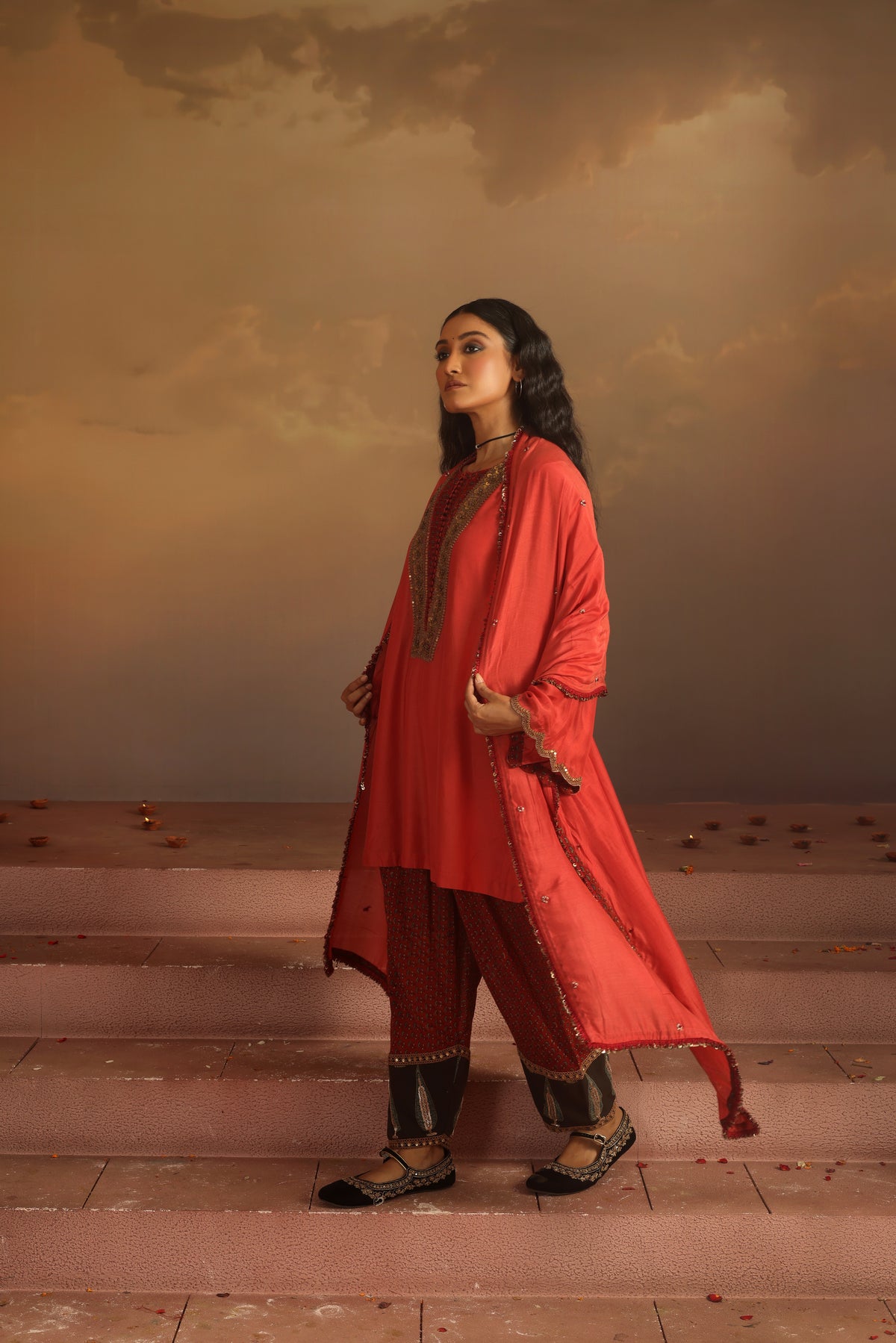 Kripa Red Coral Embroidered Yoke Kurta Set