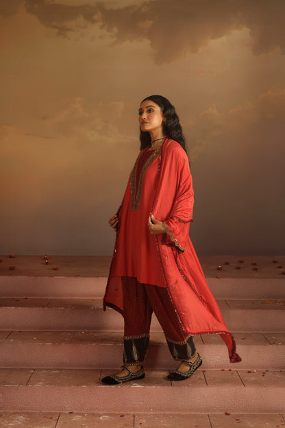 Kripa Red Coral Embroidered Yoke Kurta Set