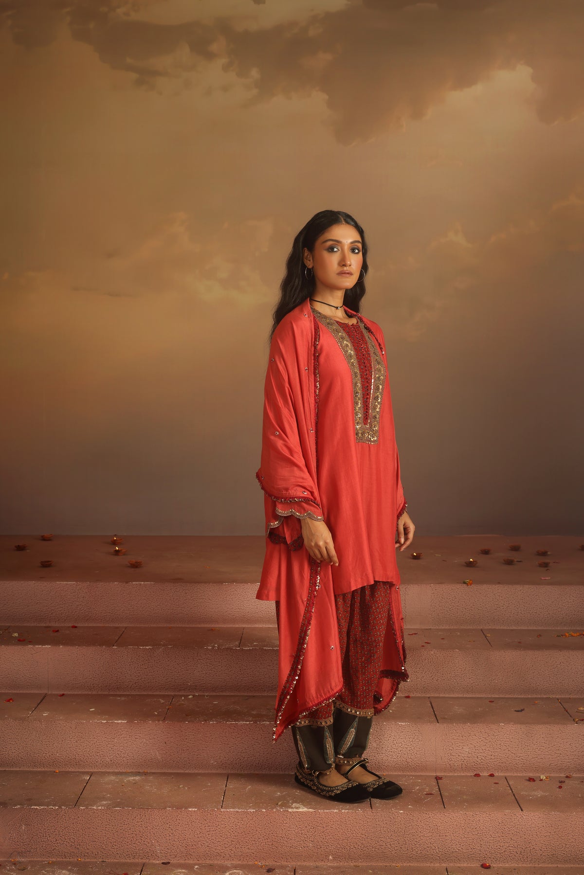 Kripa Red Coral Embroidered Yoke Kurta Set