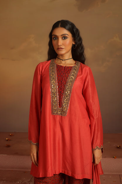 Kripa Red Coral Embroidered Yoke Kurta Set