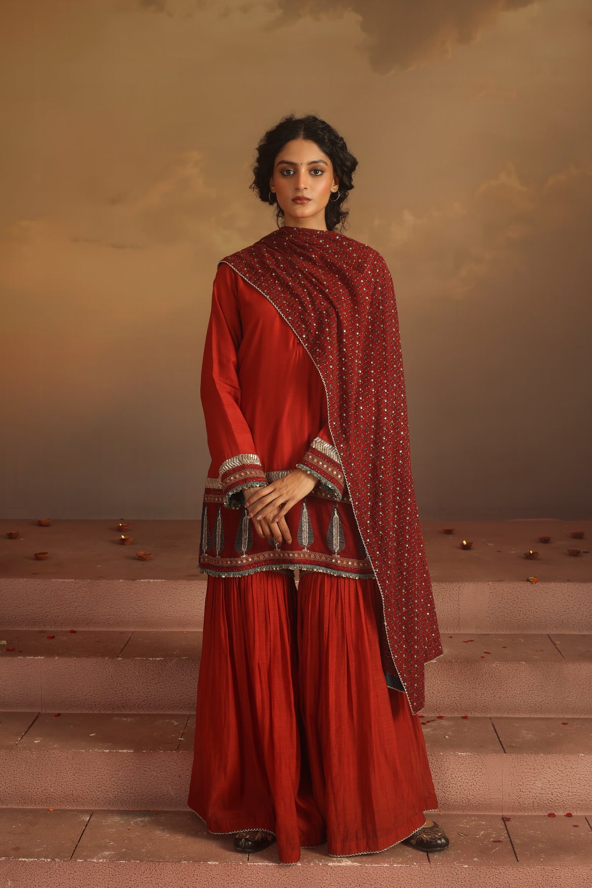 Kripa Red Ajrakh Gharara Set