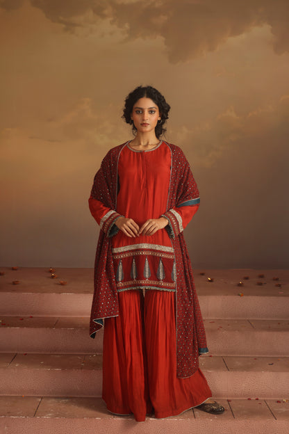 Kripa Red Ajrakh Gharara Set