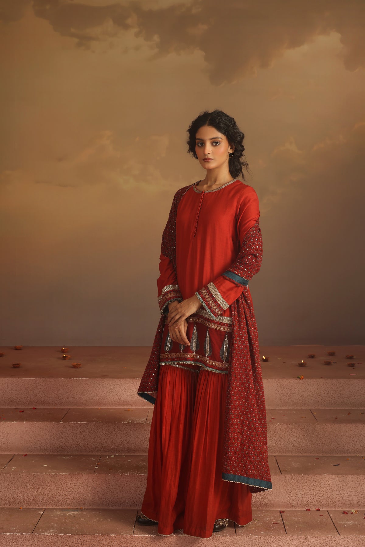 Kripa Red Ajrakh Gharara Set