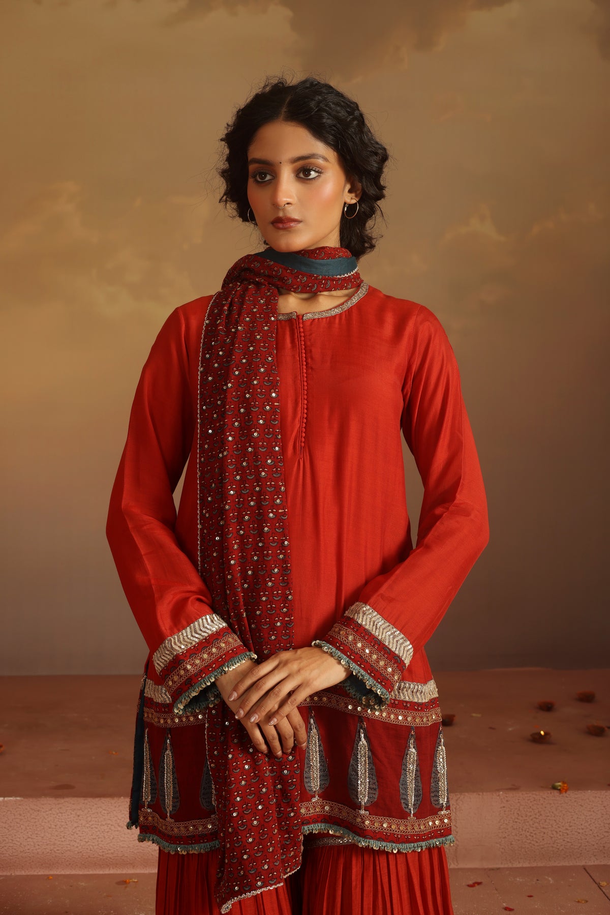 Kripa Red Ajrakh Gharara Set