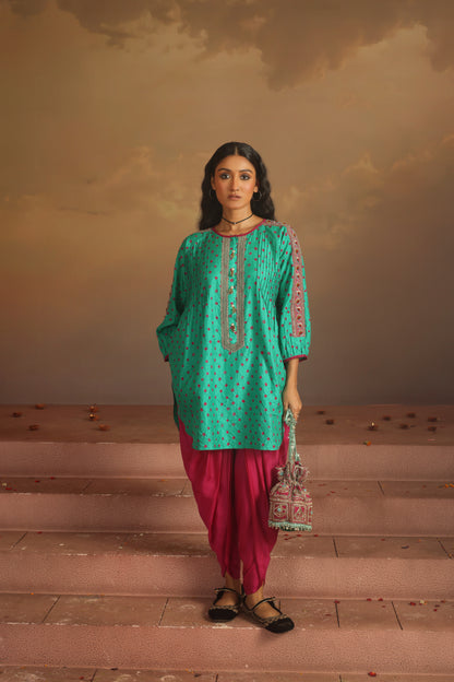Kripa Green Bandhej Short Kurta Dhoti Pant Set