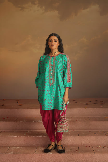 Kripa Green Bandhej Short Kurta Dhoti Pant Set