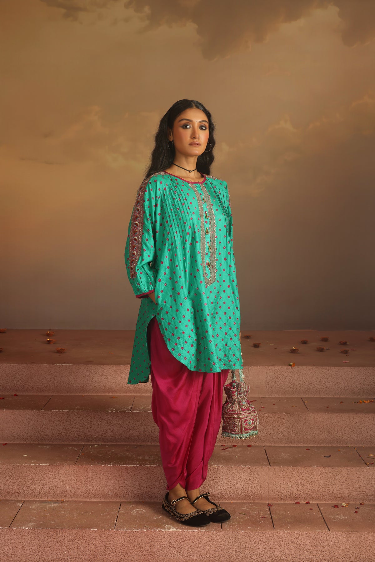 Kripa Green Bandhej Short Kurta Dhoti Pant Set