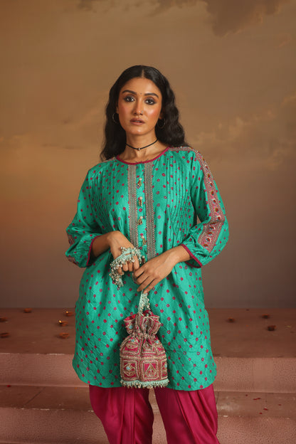 Kripa Green Bandhej Short Kurta Dhoti Pant Set
