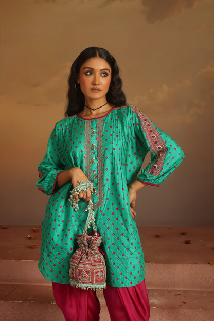 Kripa Green Bandhej Short Kurta Dhoti Pant Set