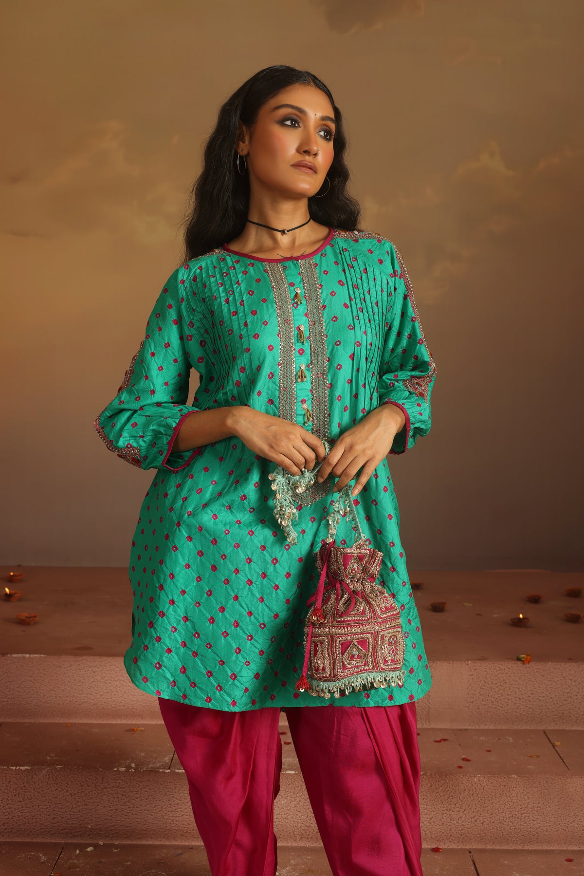 Kripa Green Bandhej Short Kurta Dhoti Pant Set