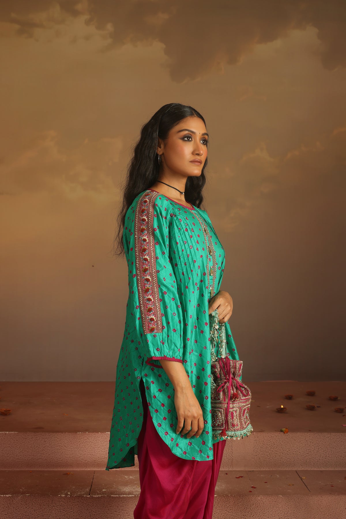 Kripa Green Bandhej Short Kurta Dhoti Pant Set
