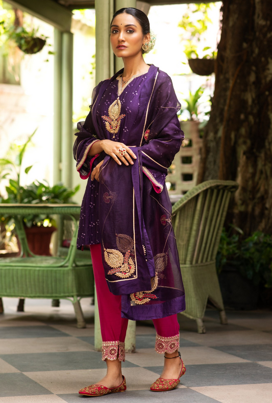 Hasti Purple Bandhej Short Kurta Set